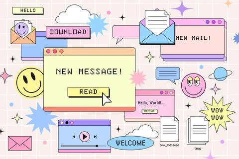 New message notification web banner template in retro computer browser interface Illustrazione stock