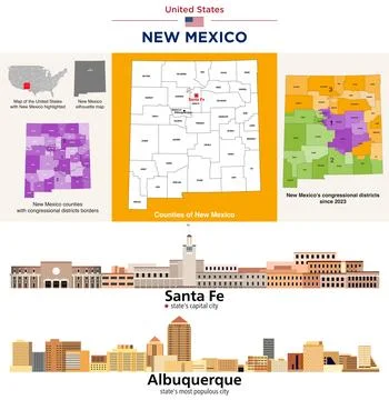 New Mexico counties map and congressional districts since 2023 map Stock Illustration