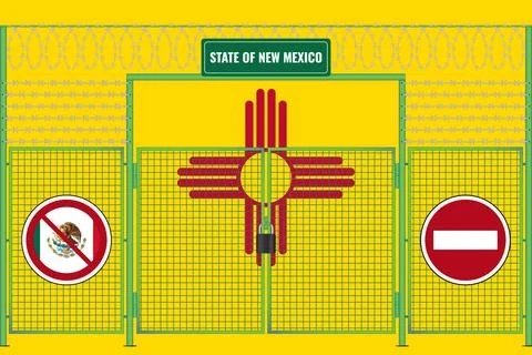 New Mexico flag behind barbed wire and a fence with a lock. The problem of il Stock Illustration