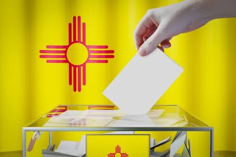 New Mexico flag, hand dropping ballot card into a box - voting concept Ilustración de archivo