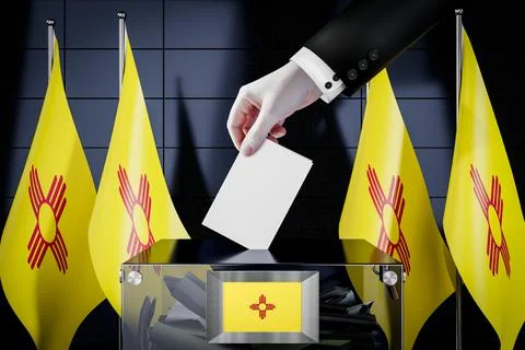 New Mexico flags, hand dropping ballot card into a box Ilustración de archivo