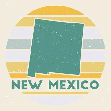 New Mexico logo. Sign with the map of us state and colored stripes, vector .. Stock Illustration