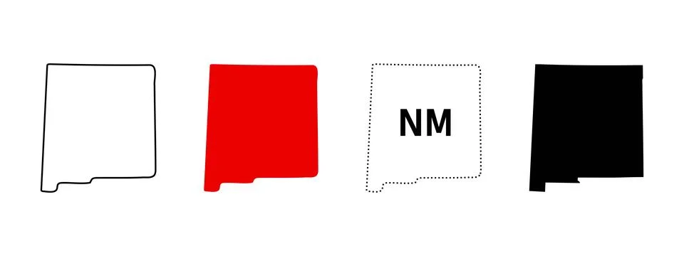 New Mexico map icon set. State outline, solid red fill, dotted NM label sig.. Stock Illustration