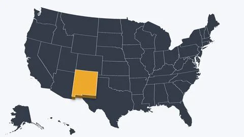 New Mexico Raised in 3D on US Election Map Teal and Amber Highlight, White Stock Illustration