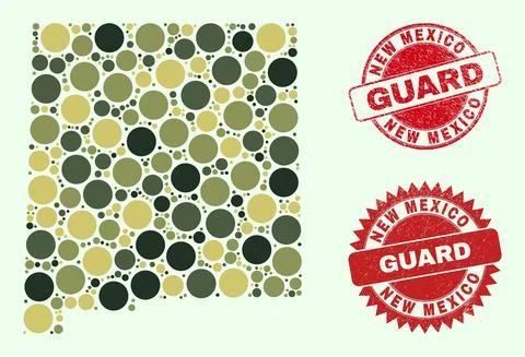 New Mexico State Map Composition with Khaki Military Circle Items with Grunge Stock Illustration