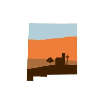 New Mexico State Shape with Farm at Sunset that has Windmill, Barn, and a Tre Stock Illustration