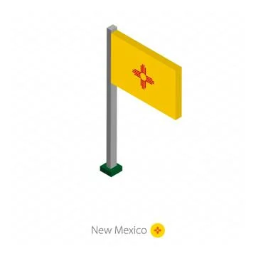 New Mexico US state flag on flagpole in isometric dimension. Stock Illustration