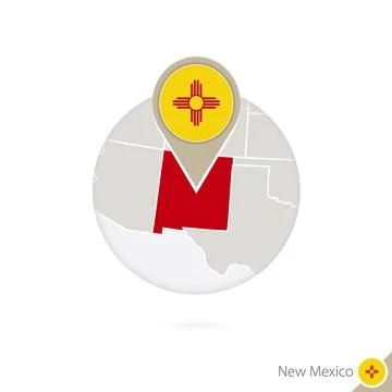 New Mexico US State map and flag in circle. Map of New Mexico, New Mexico f.. Stock Illustration