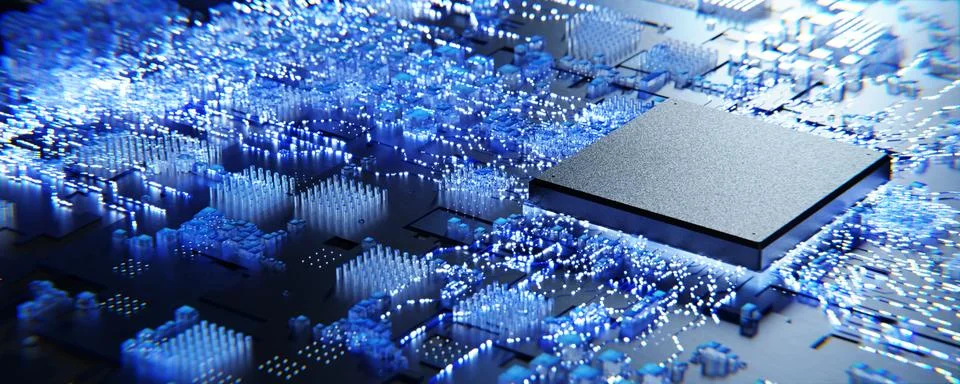 New microprocessor. Computer chips and processors on electronic boards. Abs.. Stock Illustration