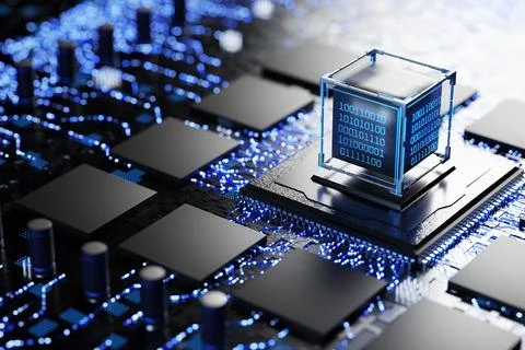 New microprocessor. Memory chips and central processor on an electronic boa.. Stock Illustration