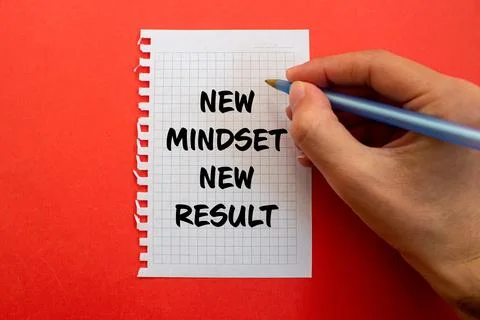 New mindset new result message written on white paper on red background. Co.. Stock Photos