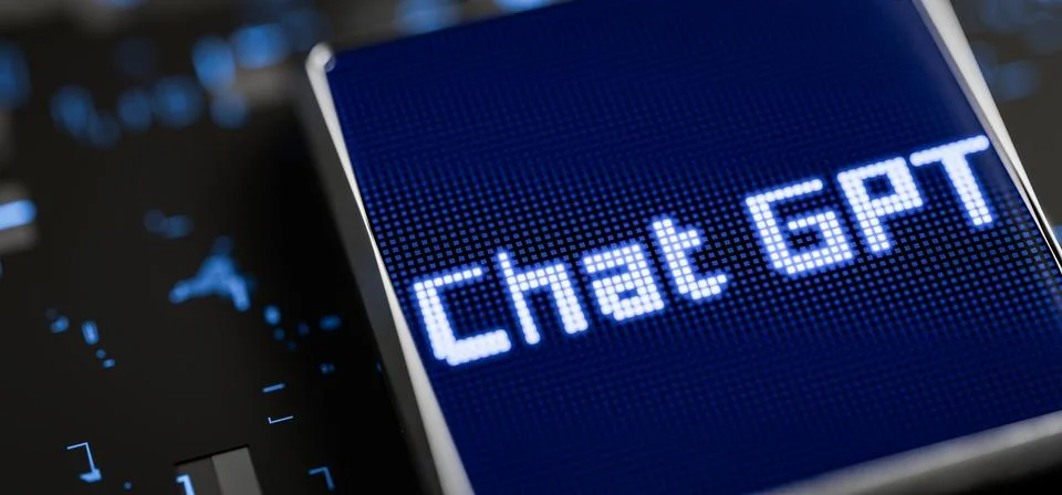 New model of chat with artificial intelligence. Blue inscription of chat gpt on Illustration