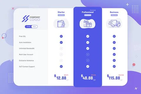 New Modern 3 Plan Pricing Table Template Design Stock Illustration