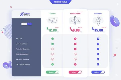 New Modern 3 Plan Pricing Table Template Design Stock Illustration