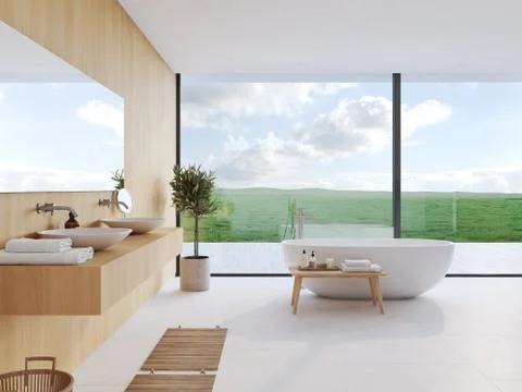 New modern bathroom with a nice view. 3d rendering Stock Illustration