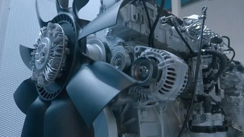 A new modern internal combustion engine for a truck at the exhibition Stock Footage 340573902