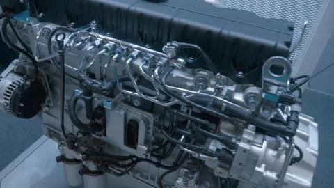 A new modern internal combustion engine for a truck at the exhibition Stock Footage 340632155
