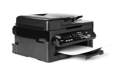 New modern multifunction printer isolated on white Fotos de archivo