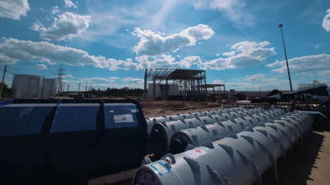A new, modern plant is being built, a lot of equipment works Stock Footage 162001385