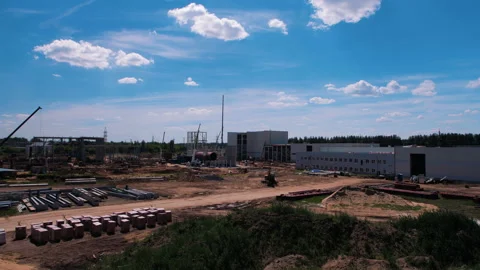 A new, modern plant is being built, a lot of equipment works Stock Footage 162001436