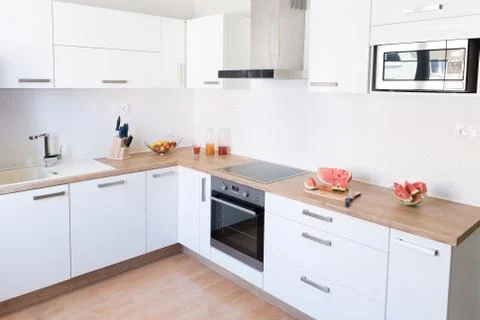 New modern white kitchen interior background Stock Photos