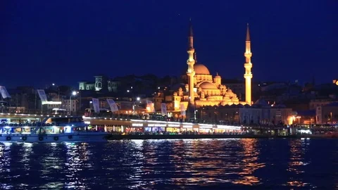 New Mosque and Galata bridge, Istanbul, Turkey Stock Footage 81677255