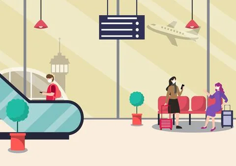 New norma, Vector illustration People in Masks Standing on Escalator Airport  스톡 일러스트