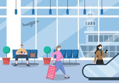 New norma, Vector illustration People in Masks Standing on Escalator Airport  Illustrazione stock