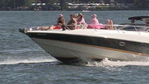 New normal after COVID with crowds of tourists and people in city and boats Video stock 158899209