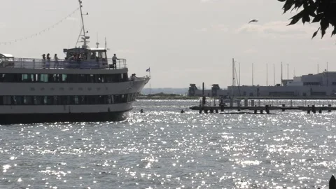 New normal after COVID with crowds of tourists and people in city and boats Video stock 158899751