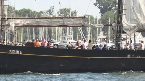 New normal after COVID with crowds of tourists and people in city and boats Video stock 158900496