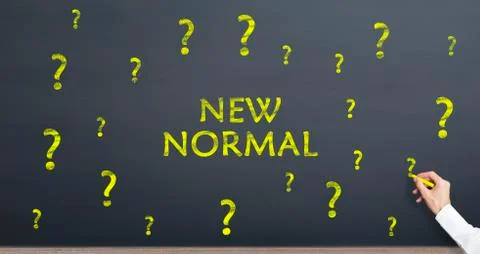 New normal and question mark concept on chalkboard. Normalization process aft Foto stock