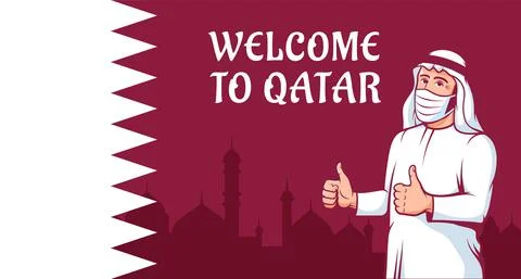 New normal. Arab man in mask thumbs up on Qatar flag. Stock Illustration