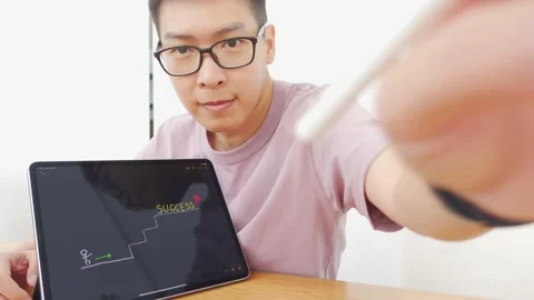 New normal Asian man aged 35-40 years, vlogger coach presentation training Stock Footage 137094026