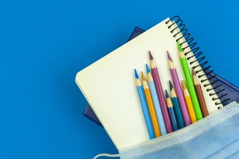 New normal back to school concept, school stationery and supplies with medica Stock Photos