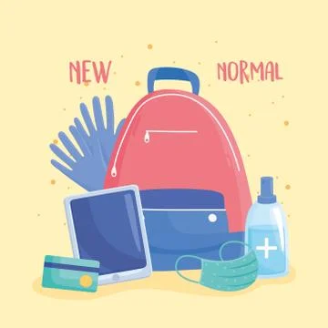 New normal, backpack with gloves mask gel sanitizer and mobile Stock Illustration