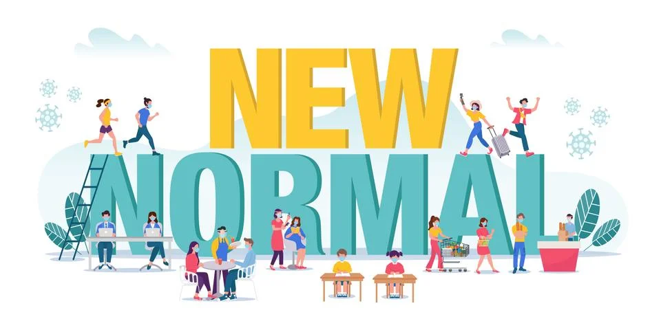 New normal concept illustration with tiny peoples doing activities with face  Illustrazione stock