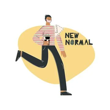 New normal concept Young asian guy male employee with coffee wearing mask in  Stock Illustration