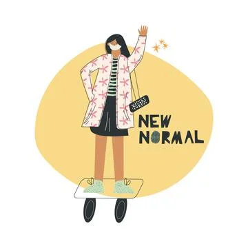 New normal concept Young hispanic woman on a hoverboard wearing mask in publi Stock Illustration