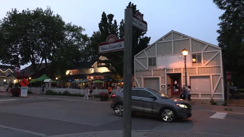 New normal  COVID small town main street Canada with people and face masks Vídeo Stock 157592155