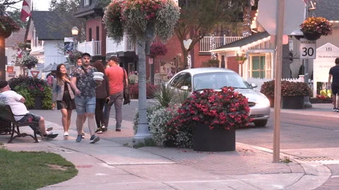 New normal  COVID small town main street Canada with people and face masks Vídeo Stock 157593162