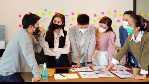 New normal group of Business man and woman wearing face mask meeting and working Video stock 139553955