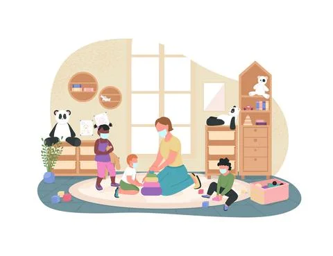 New normal in kindergarten 2D vector web banner, poster Stock Illustration