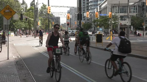 New normal post COVID with crowds of tourists and people in Toronto city Stock Footage 158928580