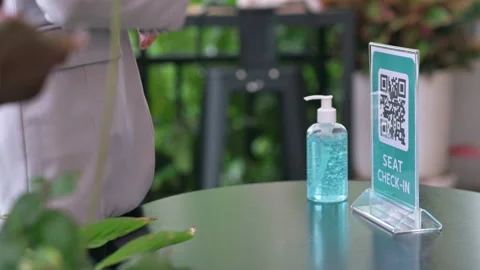 New normal rule QR code check-in and cleasing hand before entering cafe Stock Footage 140539768