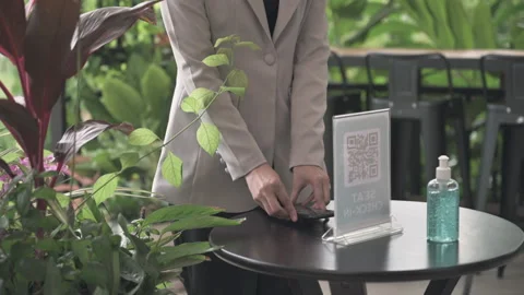 New normal rule QR code check-in and cleasing hand before entering cafe Video stock 140539787
