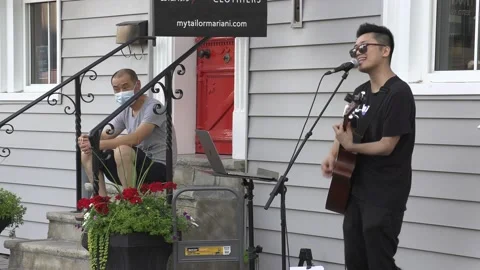 New normal  small town main street Canada with people wearing face masks Vídeo Stock 156389478