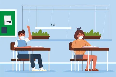New normal social distancing classroom concept with boy and girl. Stock Illustration