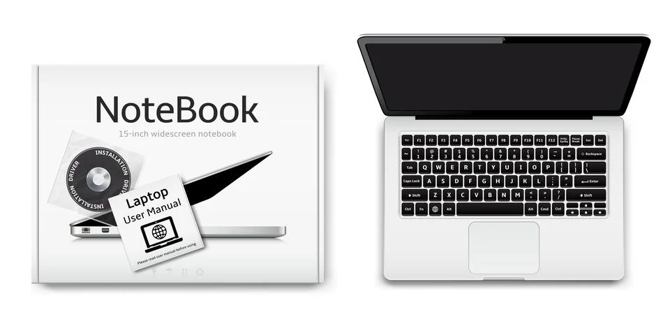 New notebook computer and box with installation driver disk and user manual Stock Illustration