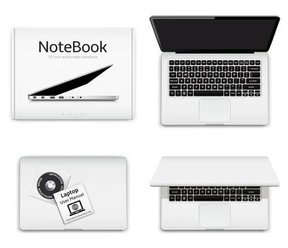 New notebook computer and box with installation driver disk and user manual Stock Illustration